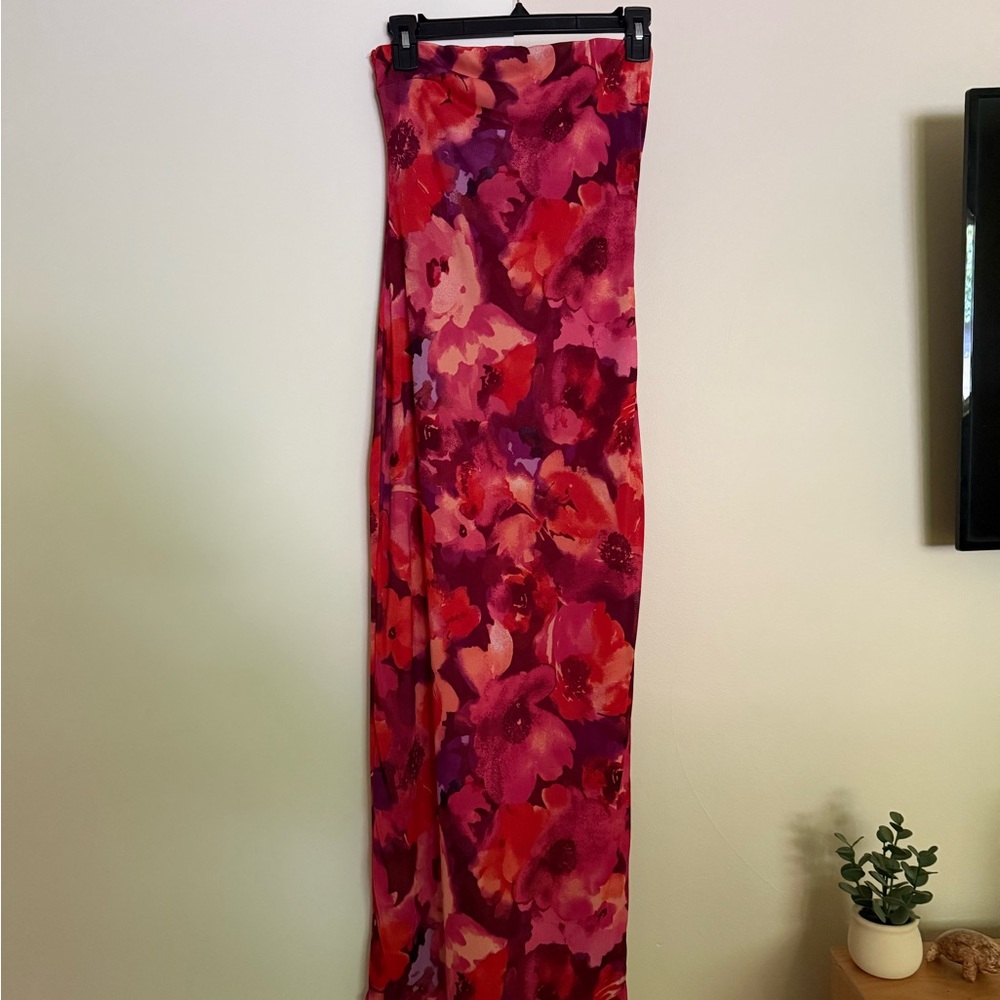 12th Tribe Red and Pink Strapless Maxi Dress - AVANI FLORAL STRAPLESS MAXI DRESS